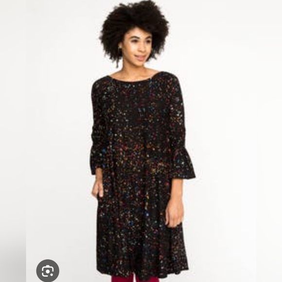 Agnes & Dora Dresses & Skirts - Agnes & Dora Black Dress Colorful Sprinkle Print Smocked Bell Sleeves Pockets